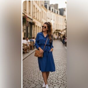 Prettygarden. Blue Midi Shirt Dress with Belt